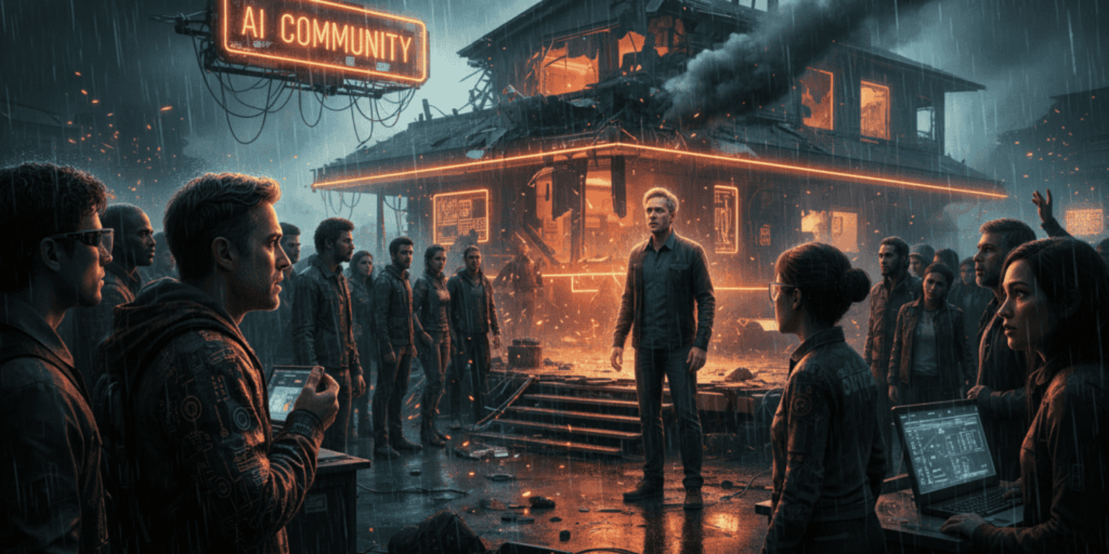 Protest scene with AI community members facing a speaker outside a burning building.