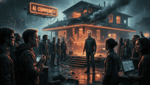 Protest scene with AI community members facing a speaker outside a burning building.