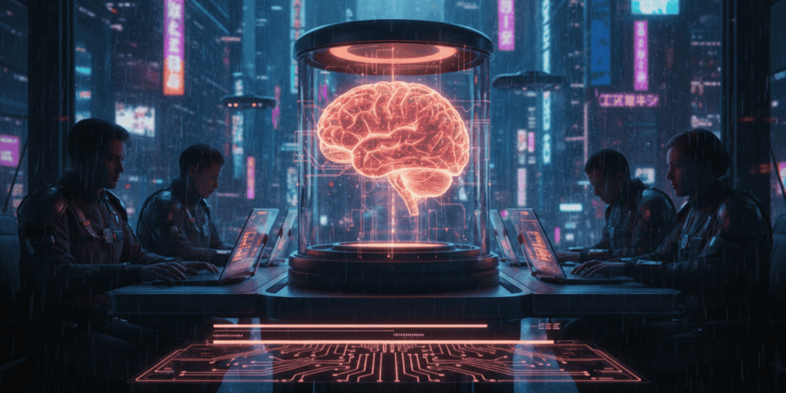 Digital brain hologram with professionals working on laptops in a high-tech cityscape.