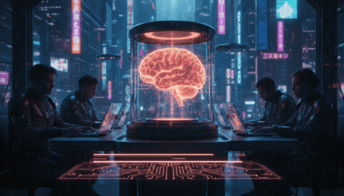 Digital brain hologram with professionals working on laptops in a high-tech cityscape.