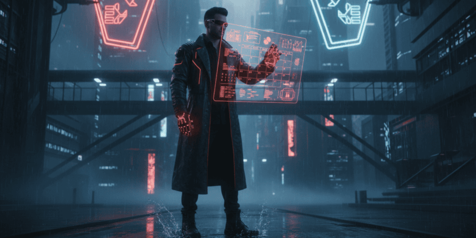 Futuristic AI developer using holographic interface in a high-tech cityscape.