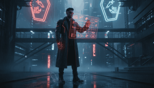 Futuristic AI developer using holographic interface in a high-tech cityscape.