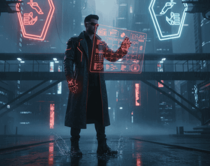 Futuristic AI developer using holographic interface in a high-tech cityscape.