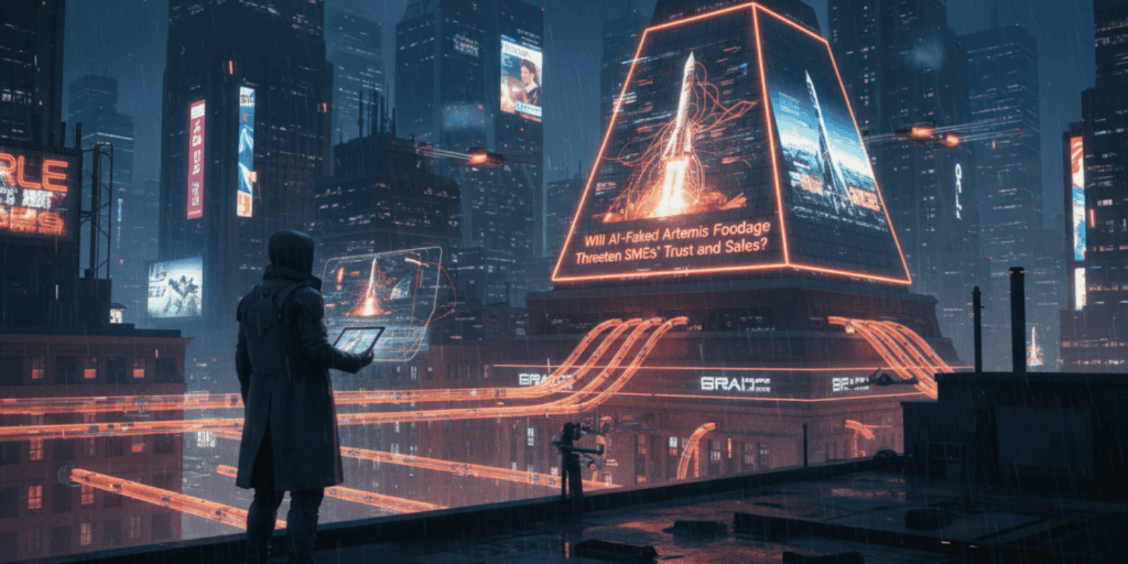 Futuristic cityscape with AI-faked Artemis footage warning SMEs about trust risks.