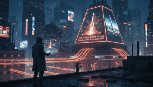 Futuristic cityscape with AI-faked Artemis footage warning SMEs about trust risks.
