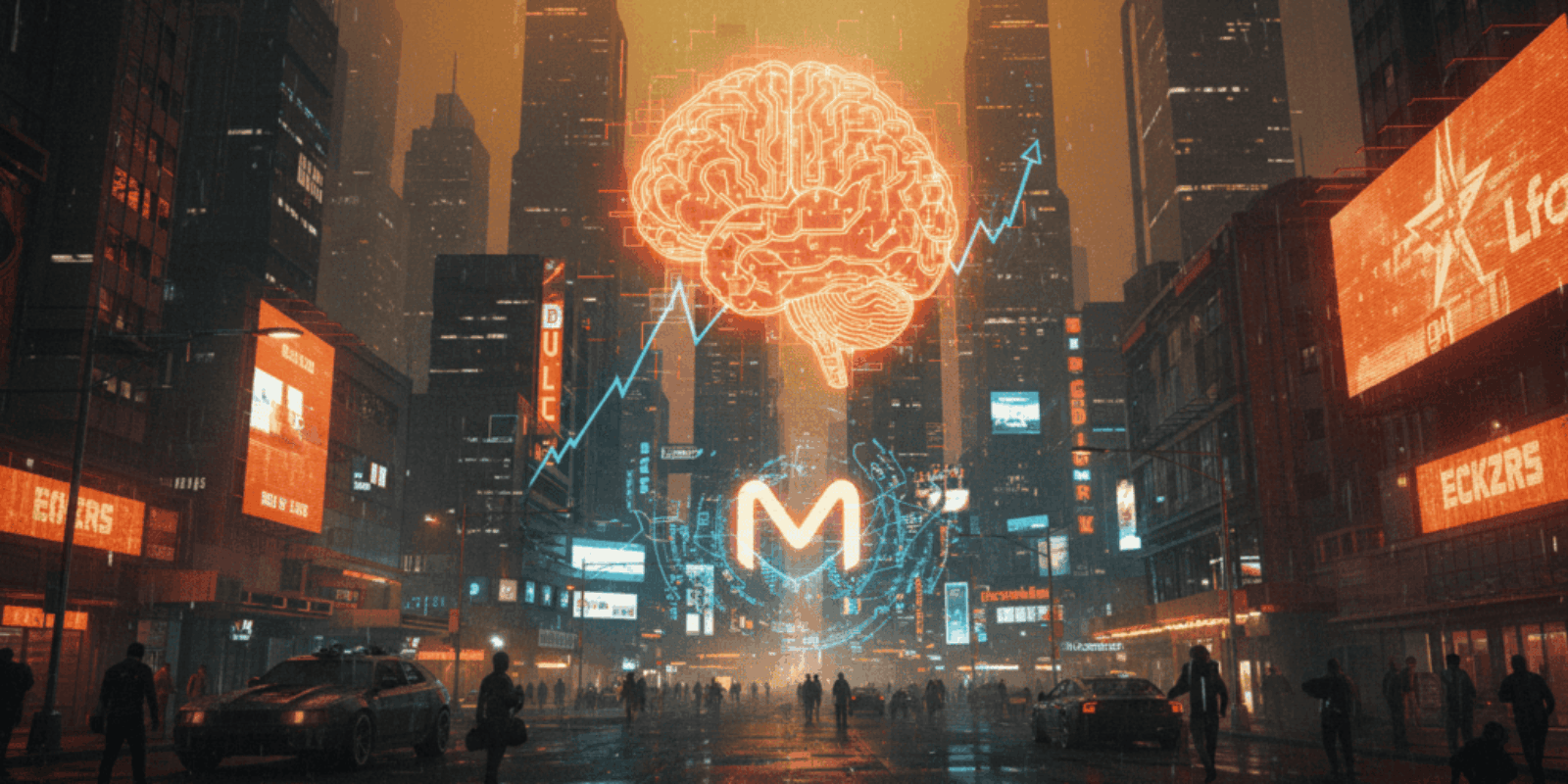 Digital cityscape with AI brain and stock growth graphics in a futuristic setting.