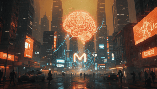 Digital cityscape with AI brain and stock growth graphics in a futuristic setting.