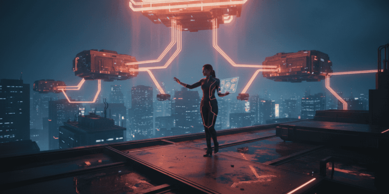 Futuristic woman managing AI-powered network connections in a cityscape.