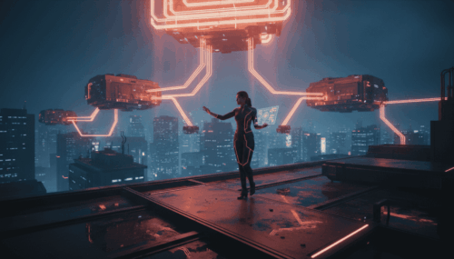 Futuristic woman managing AI-powered network connections in a cityscape.