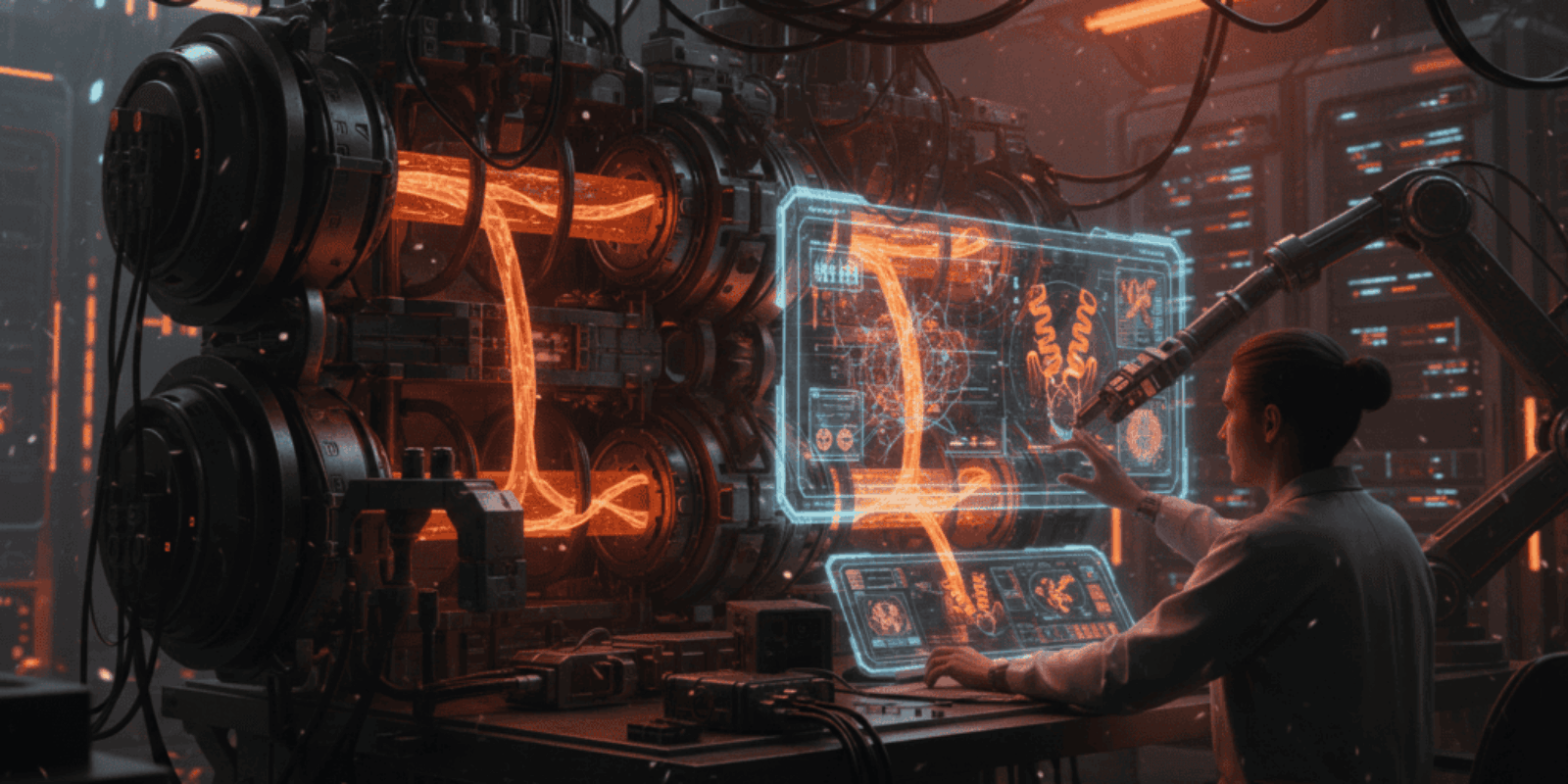 Scientist working with advanced AI technology in a high-tech biotech lab.