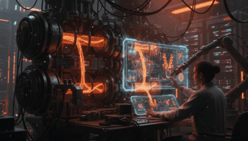 Scientist working with advanced AI technology in a high-tech biotech lab.