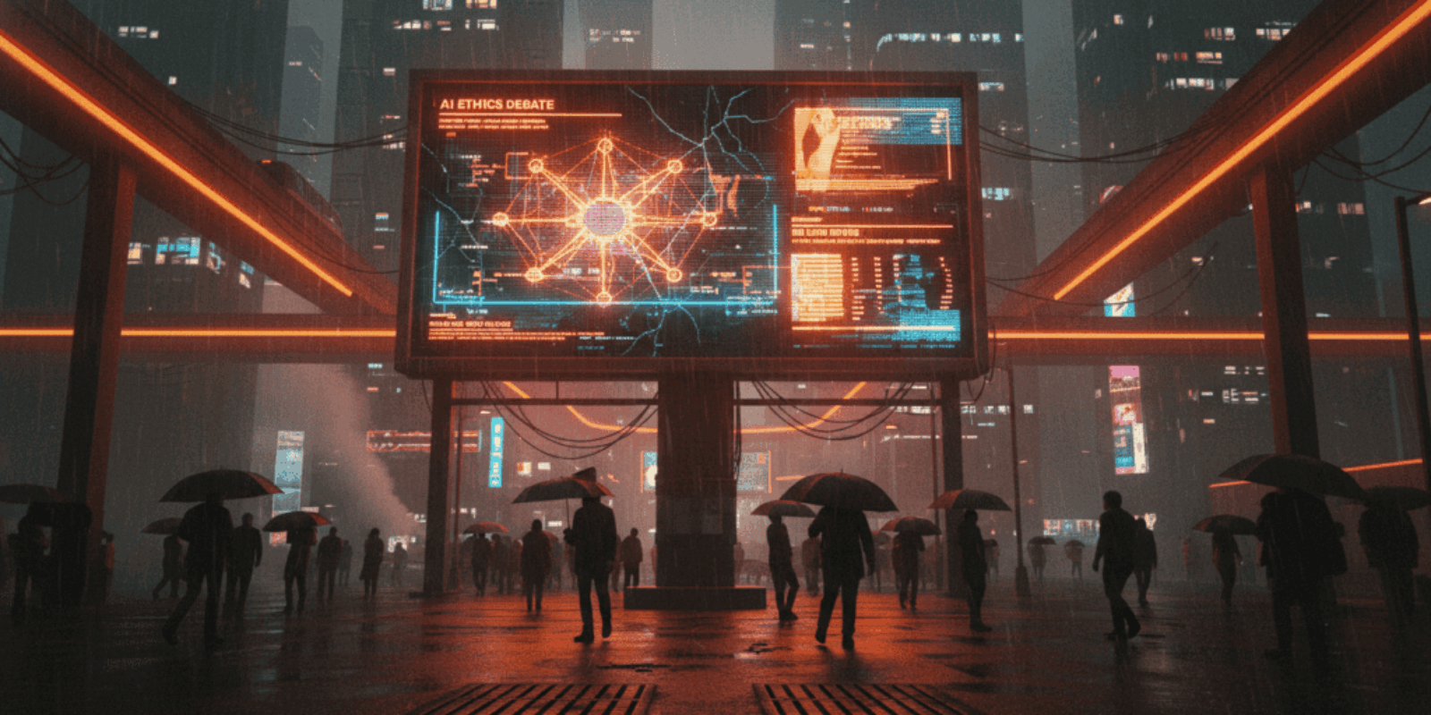 Futuristic cityscape with digital AI ethics display and people with umbrellas at night.
