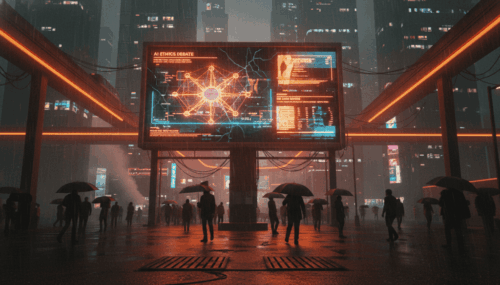 Futuristic cityscape with digital AI ethics display and people with umbrellas at night.