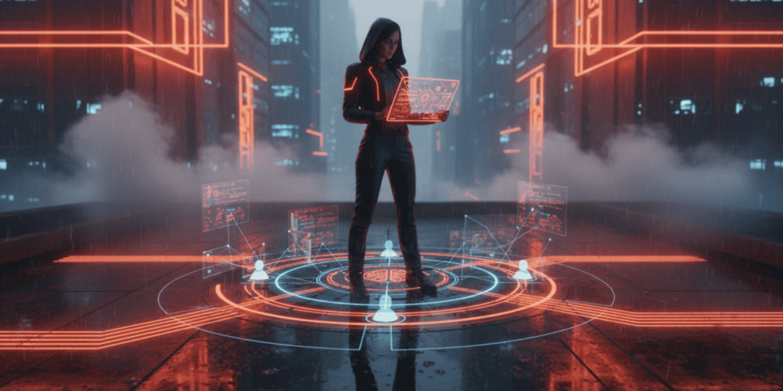 Woman using a laptop in a high-tech digital cityscape with holographic interfaces.
