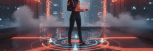 Woman using a laptop in a high-tech digital cityscape with holographic interfaces.