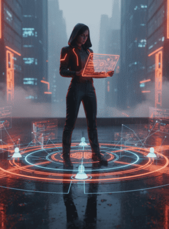 Woman using a laptop in a high-tech digital cityscape with holographic interfaces.