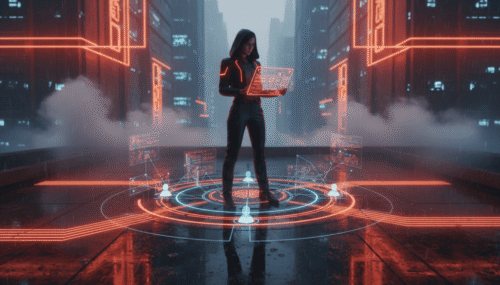 Woman using a laptop in a high-tech digital cityscape with holographic interfaces.