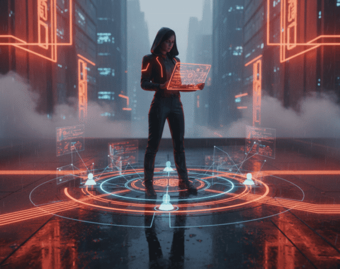 Woman using a laptop in a high-tech digital cityscape with holographic interfaces.