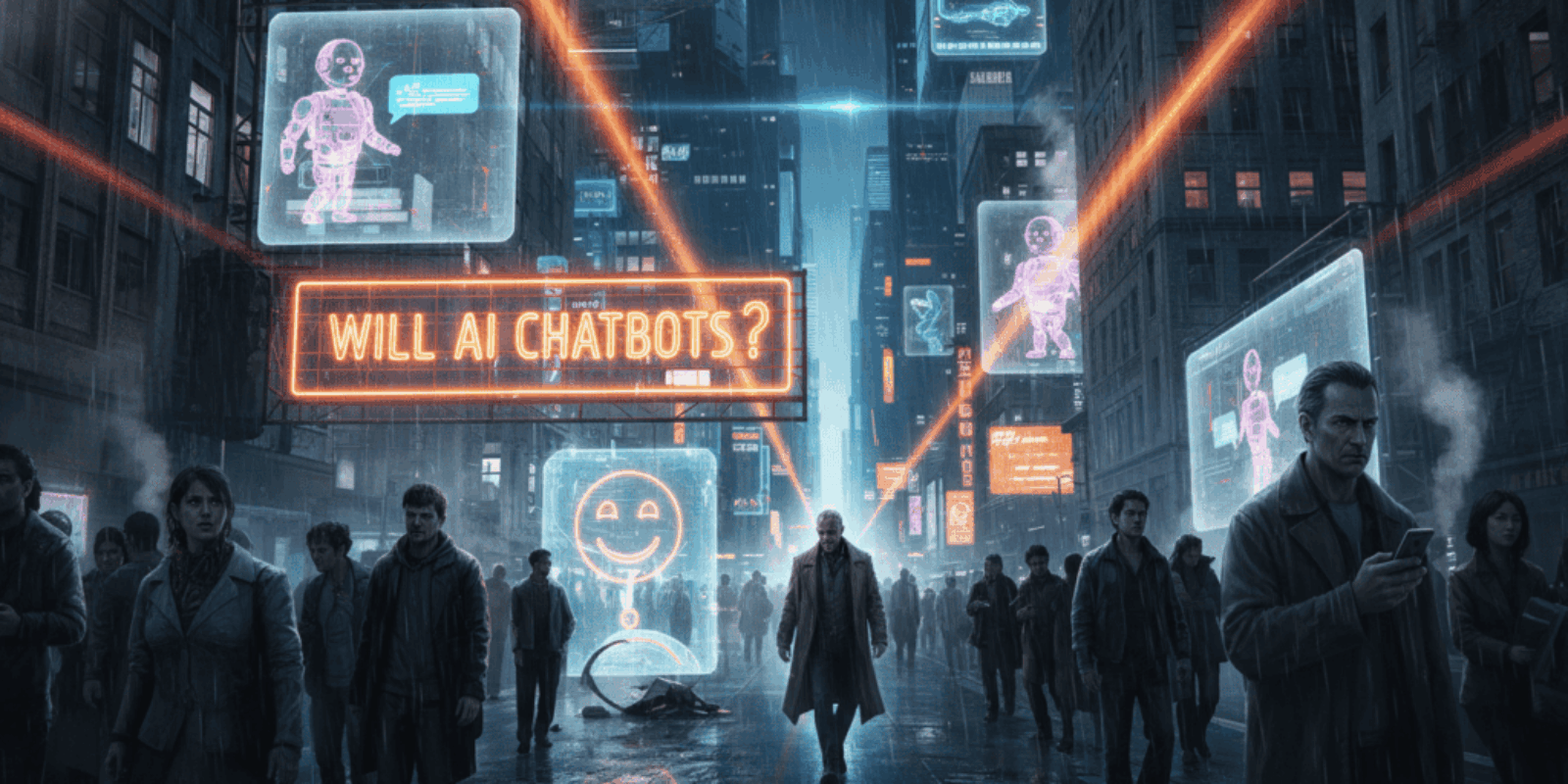 Futuristic city scene with AI chatbots and digital advertisements in Times Square.