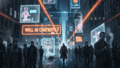 Futuristic city scene with AI chatbots and digital advertisements in Times Square.