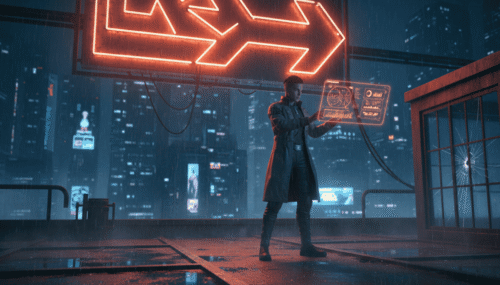 Futuristic scene with a person using holographic data in a neon-lit cityscape.