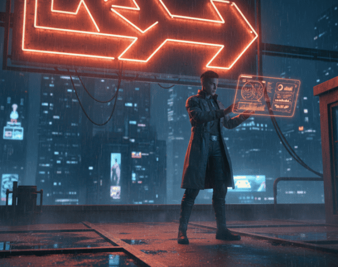 Futuristic scene with a person using holographic data in a neon-lit cityscape.