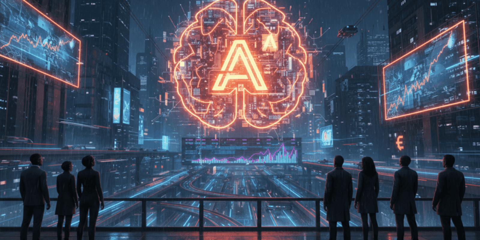 AI brain with glowing "A" symbol in a high-tech urban environment.