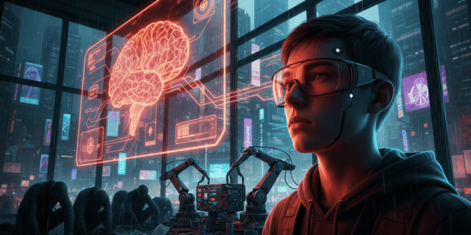 Teen using AI technology with brain hologram in a futuristic setting.
