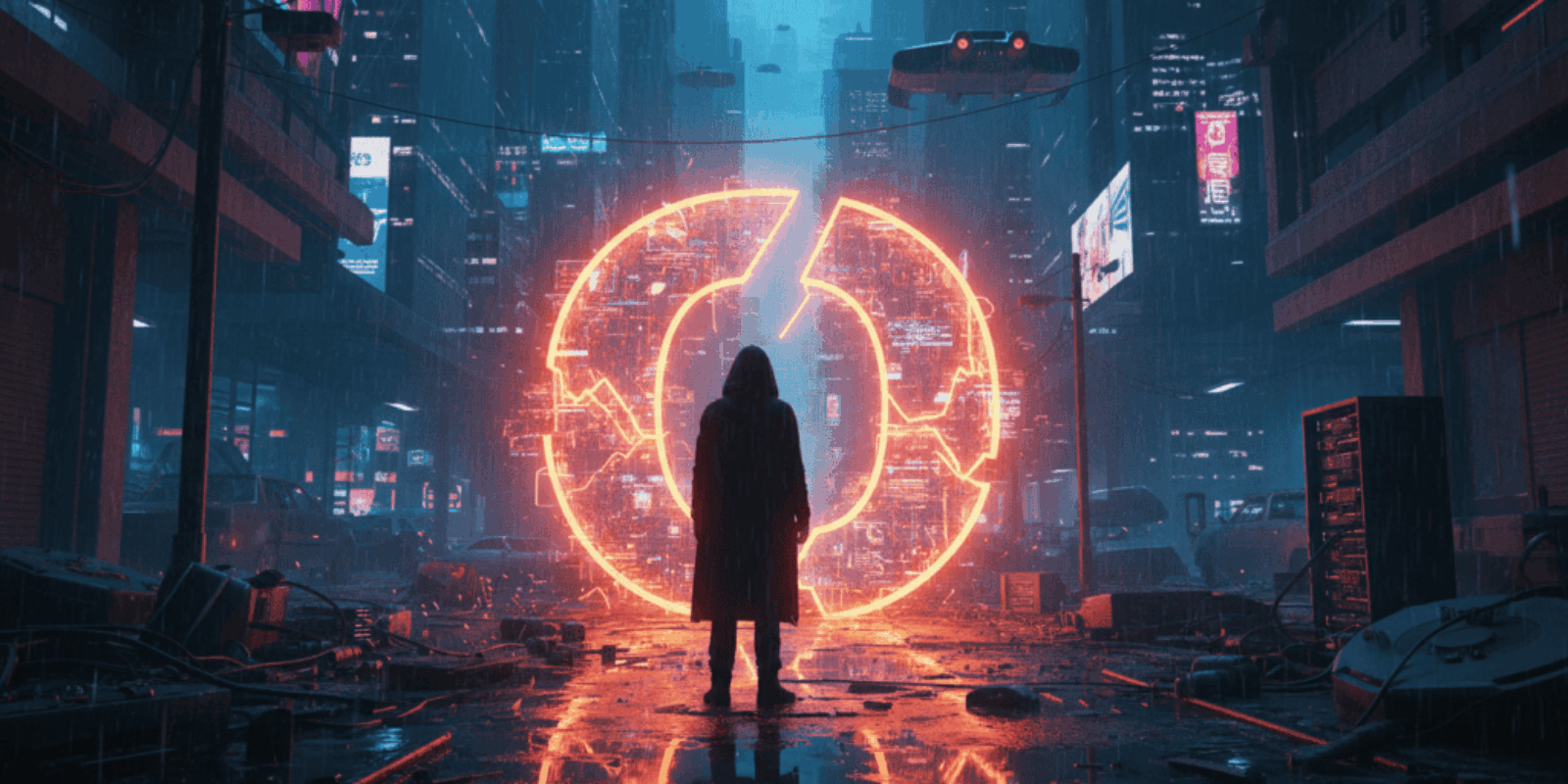 Neon-lit city scene featuring a person standing before a glowing digital circle, highlighting AI and.