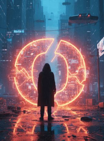 Neon-lit city scene featuring a person standing before a glowing digital circle, highlighting AI and.