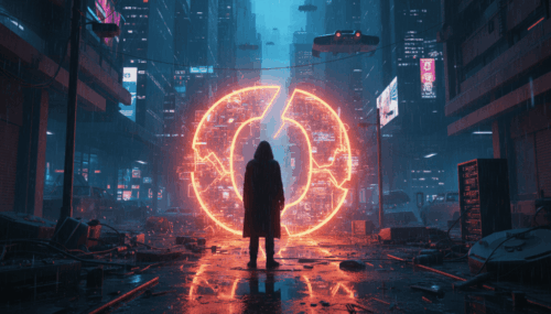 Neon-lit city scene featuring a person standing before a glowing digital circle, highlighting AI and.