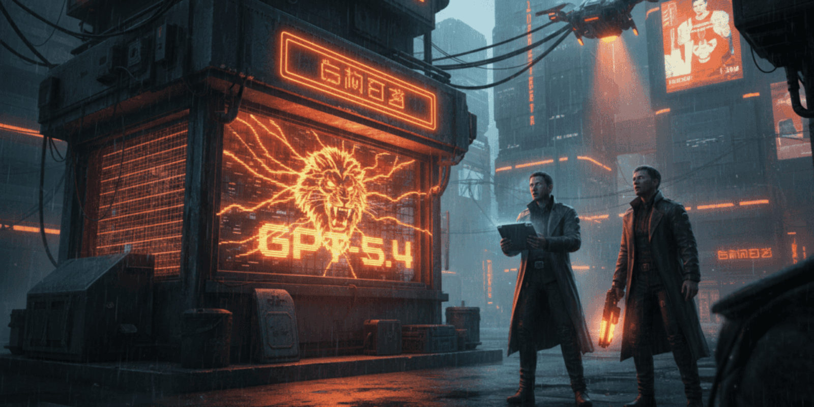 AI-driven cyber security threats in a futuristic urban environment.