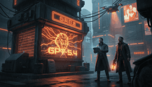 AI-driven cyber security threats in a futuristic urban environment.