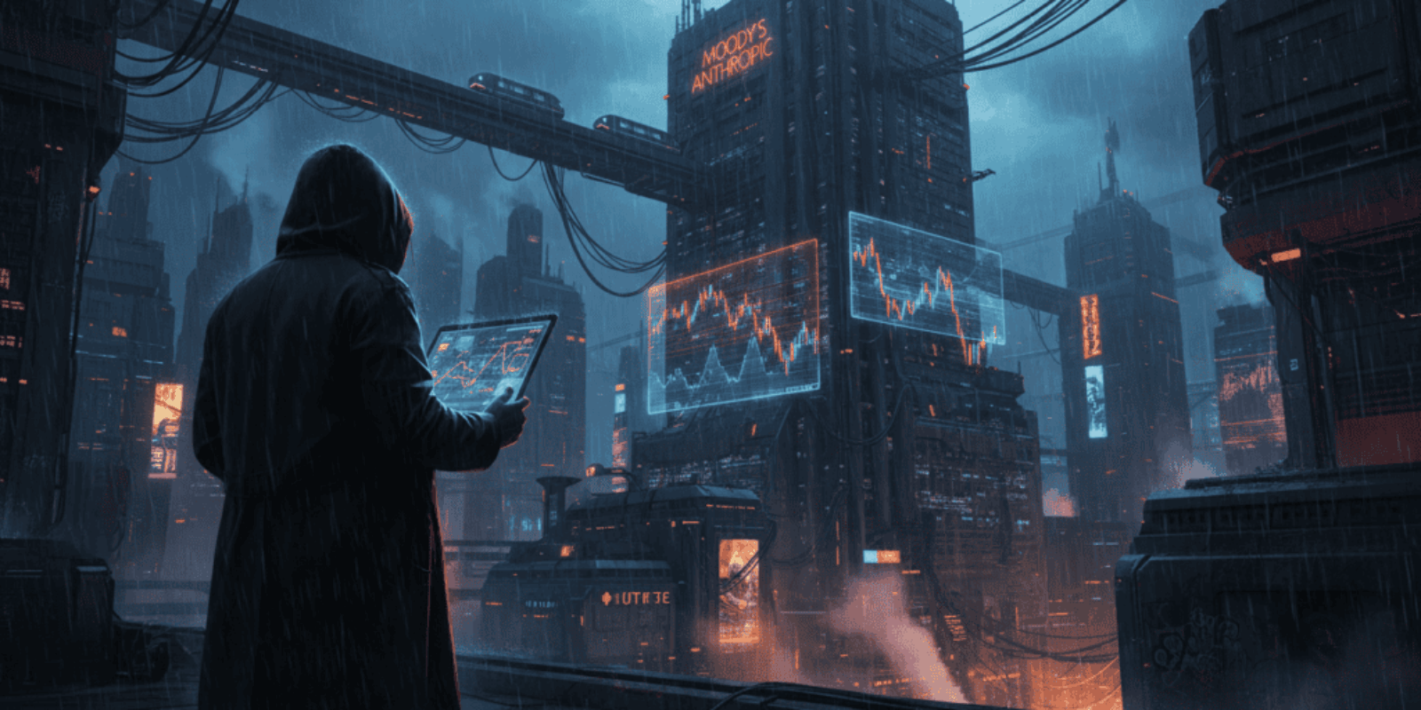 AI technology analyzing market data in a cyberpunk city.