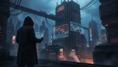 AI technology analyzing market data in a cyberpunk city.