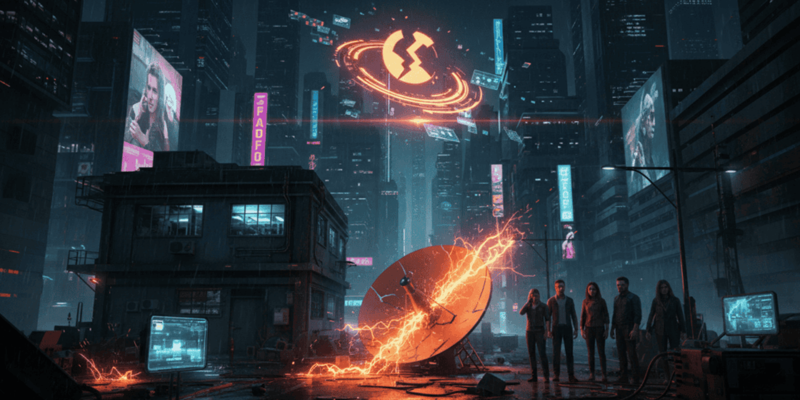 Futuristic cityscape with satellite dish and digital outage effects at night.