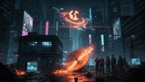 Futuristic cityscape with satellite dish and digital outage effects at night.