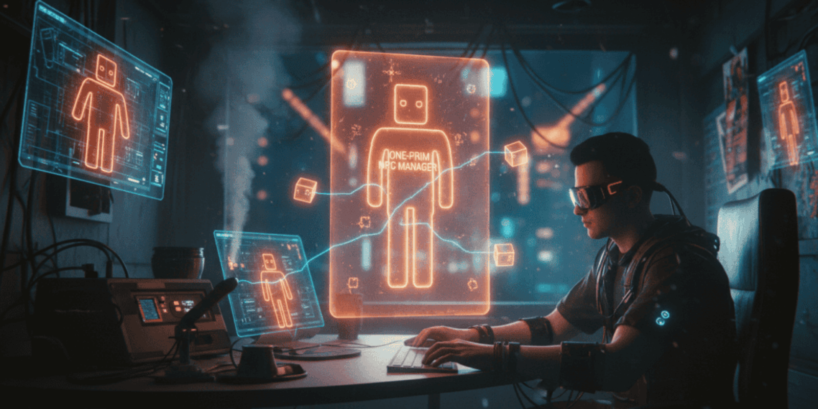 AI-powered NPC management interface with holographic displays and a creator working on a computer.