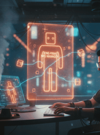 AI-powered NPC management interface with holographic displays and a creator working on a computer.