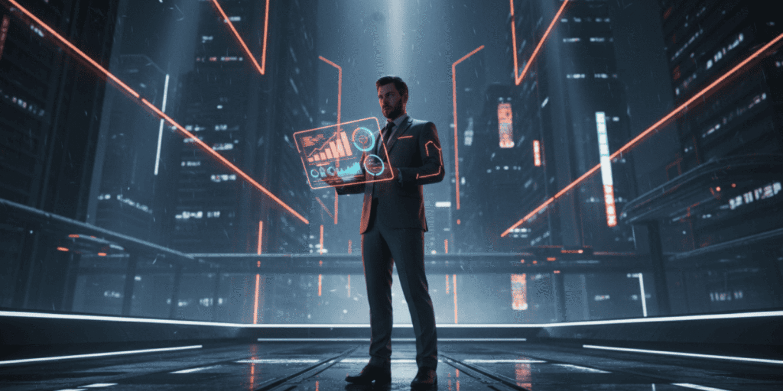Business professional using futuristic digital interface in a high-tech cityscape.