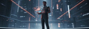 Business professional using futuristic digital interface in a high-tech cityscape.