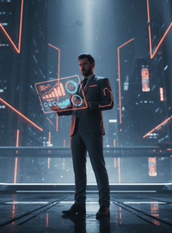 Business professional using futuristic digital interface in a high-tech cityscape.