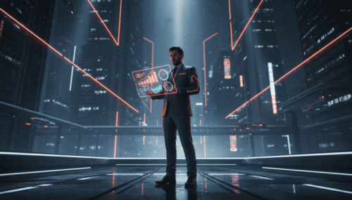 Business professional using futuristic digital interface in a high-tech cityscape.