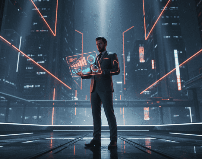 Business professional using futuristic digital interface in a high-tech cityscape.