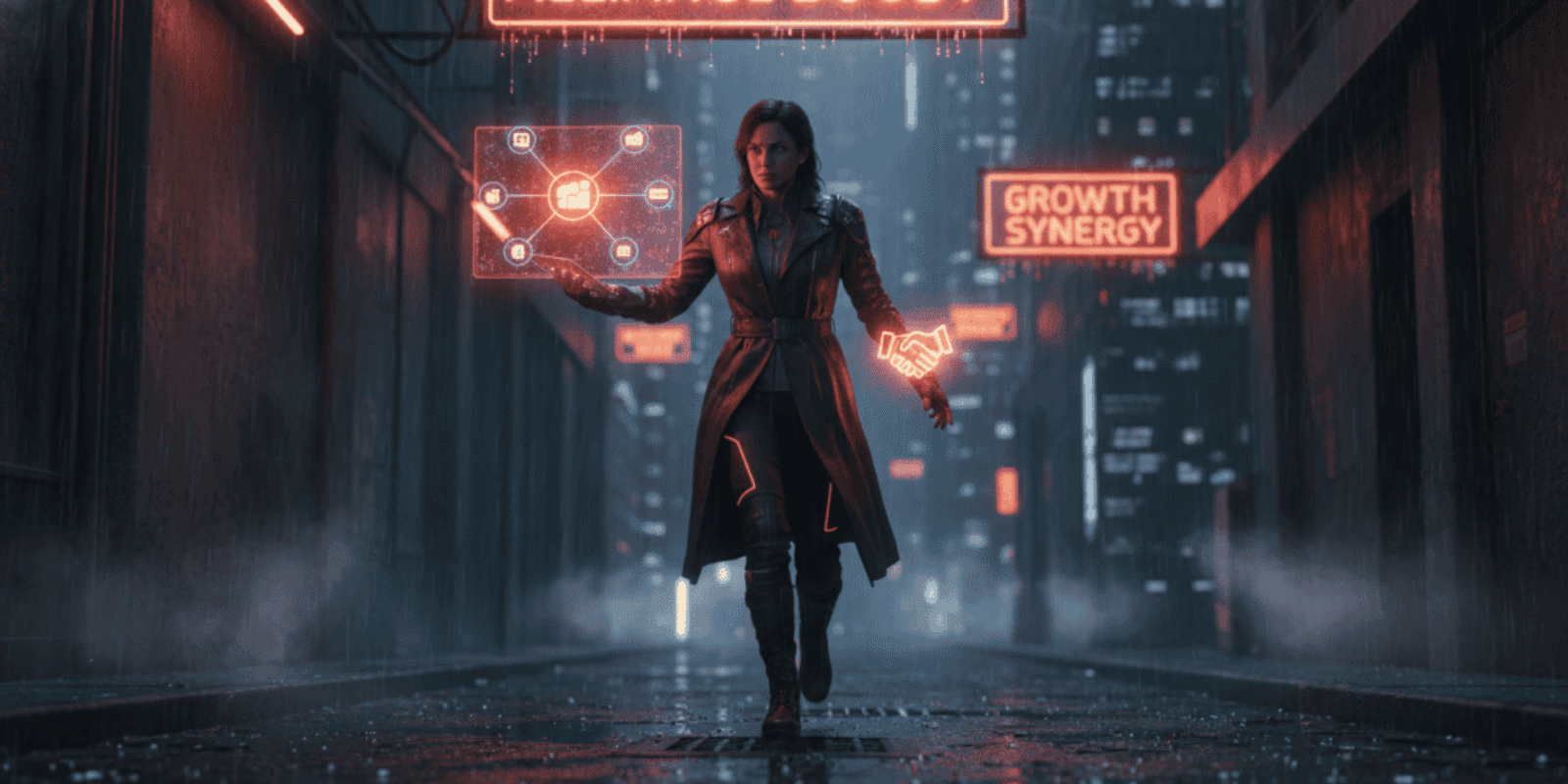 Woman using AI technology for marketing in a futuristic cityscape at night.