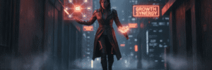 Woman using AI technology for marketing in a futuristic cityscape at night.