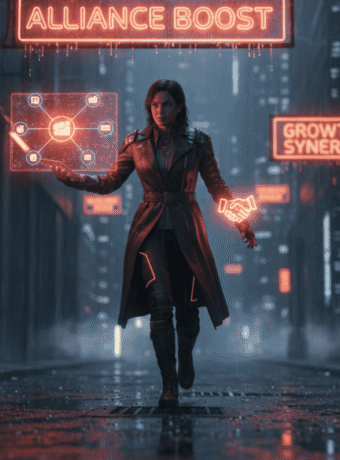 Woman using AI technology for marketing in a futuristic cityscape at night.