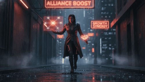 Woman using AI technology for marketing in a futuristic cityscape at night.