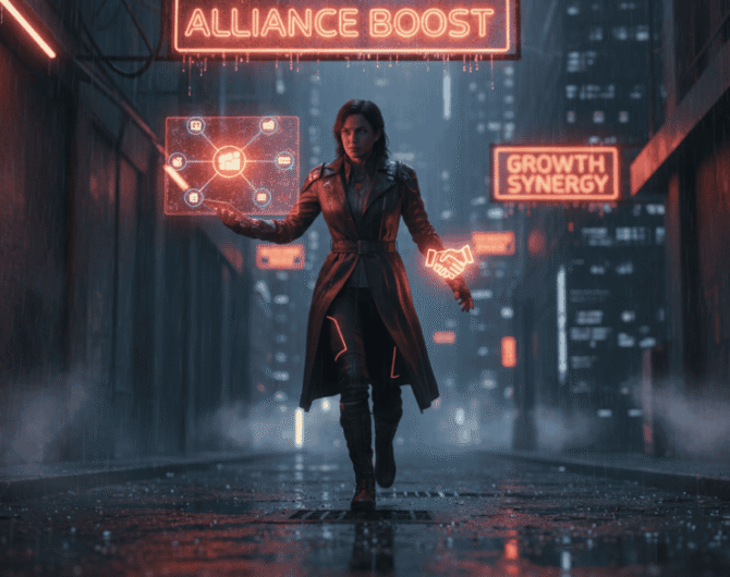 Woman using AI technology for marketing in a futuristic cityscape at night.