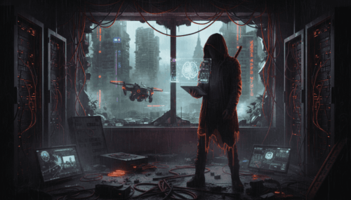 Woman using a tablet in a high-tech cyber environment with cityscape and drone in background.